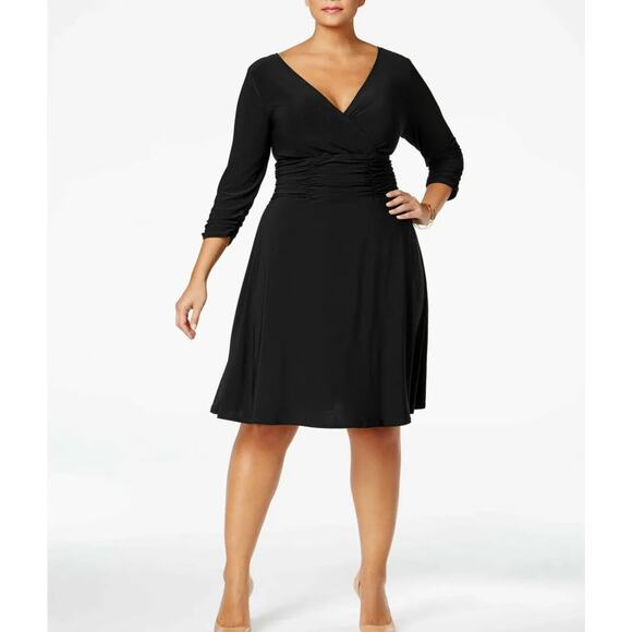 NY Collection Women's Ruched A Line 3/4 Sleeve Knee Length V Neck Dress MP NWT - Picture 1 of 11
